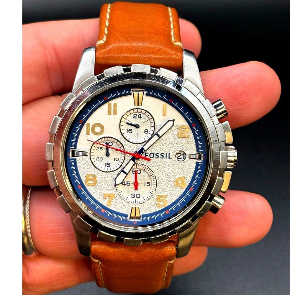 Fossil Dean FS5069 Men’s Chronograph Silver Dial Brown Leather Watch 45mm - Picture 14 of 17